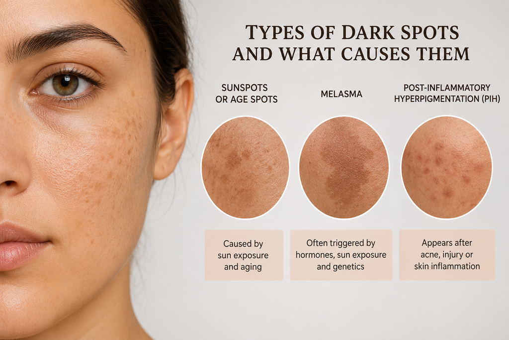 Types of dark spots on face including sunspots, melasma, and post-inflammatory hyperpigmentation