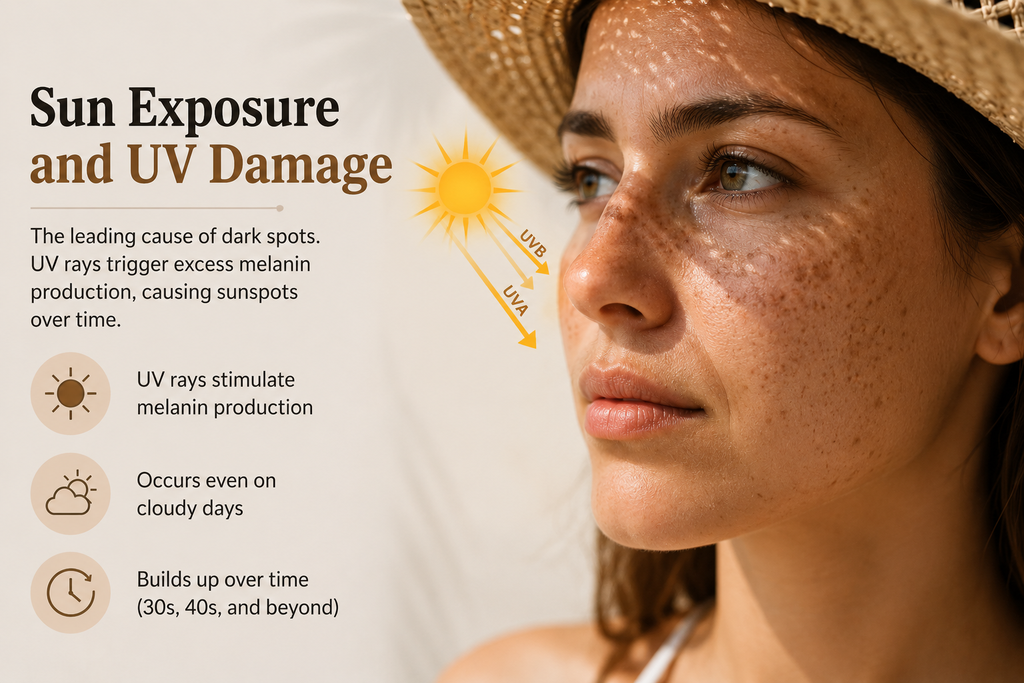 Sun exposure causing UV damage and dark spots on a woman's face