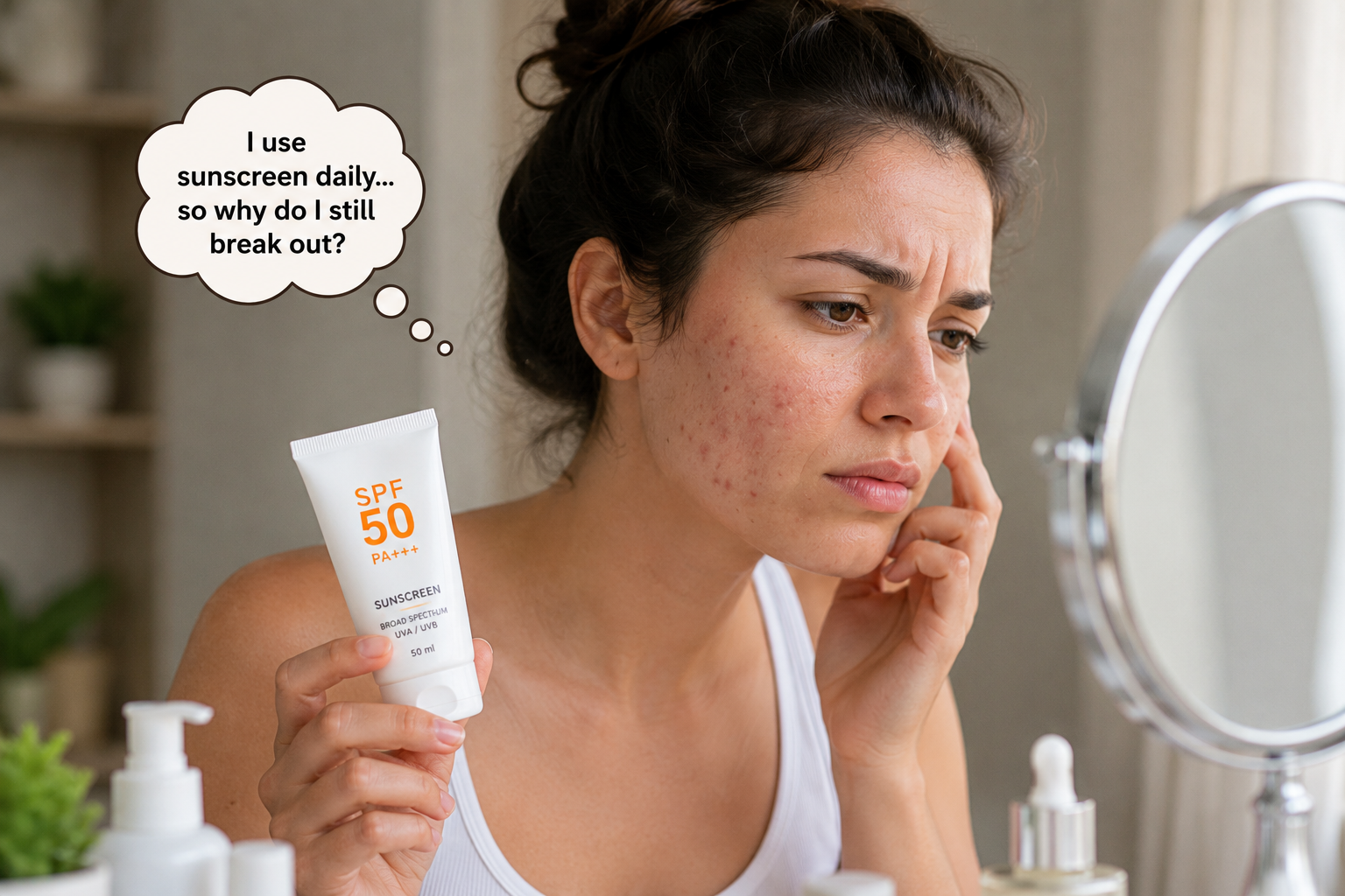 Woman with acne-prone skin questioning whether her sunscreen is causing breakouts while looking in the mirror