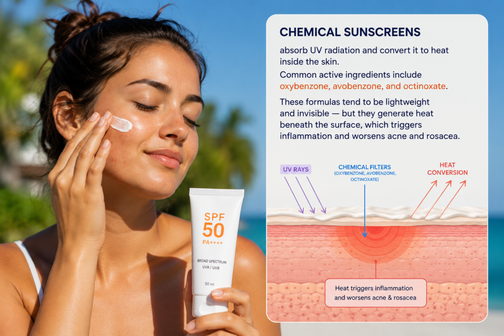 Chemical sunscreen absorbing UV rays and generating heat that may irritate acne-prone and sensitive skin