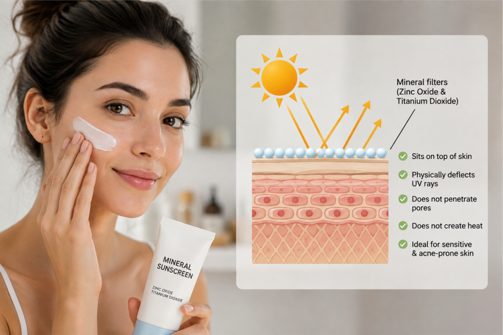 Woman applying mineral sunscreen with zinc oxide for acne-prone and sensitive skin while UV rays are reflected