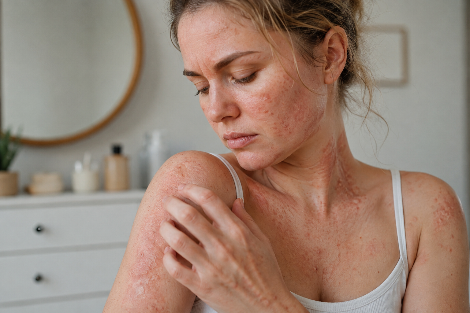 Woman with eczema on face and neck showing inflamed dry skin